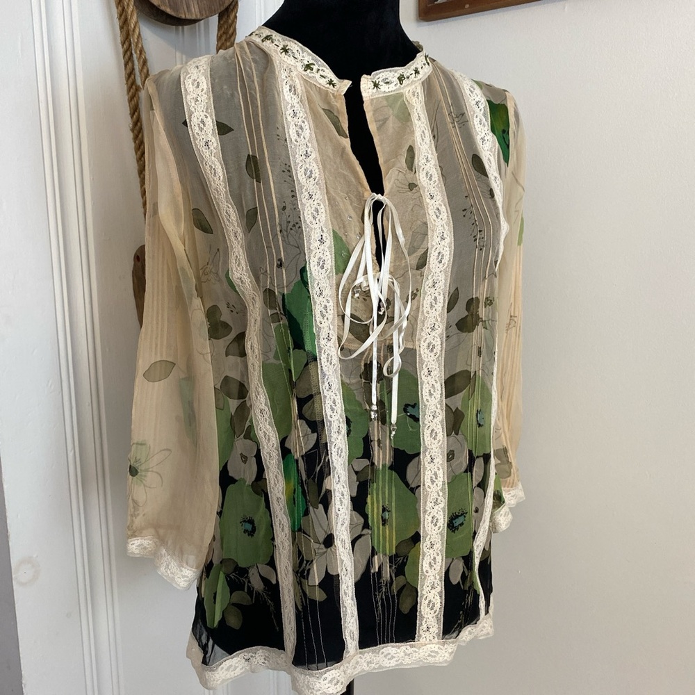 Vintage 100% silk Cottagecore Rebecca Taylor Sheer Floral Blouse earthtones